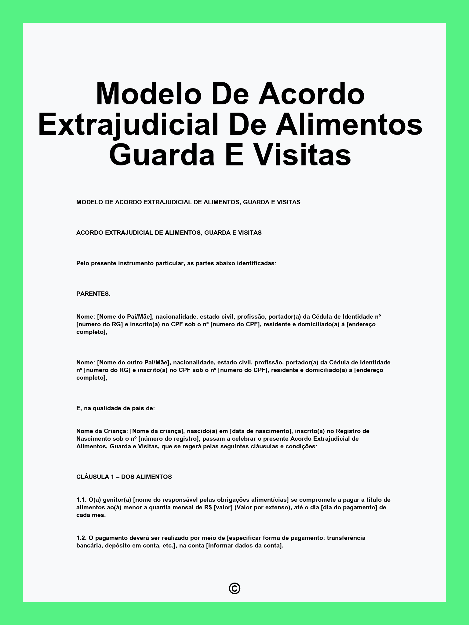 Modelo De Acordo Extrajudicial De Alimentos Guarda E Visitas