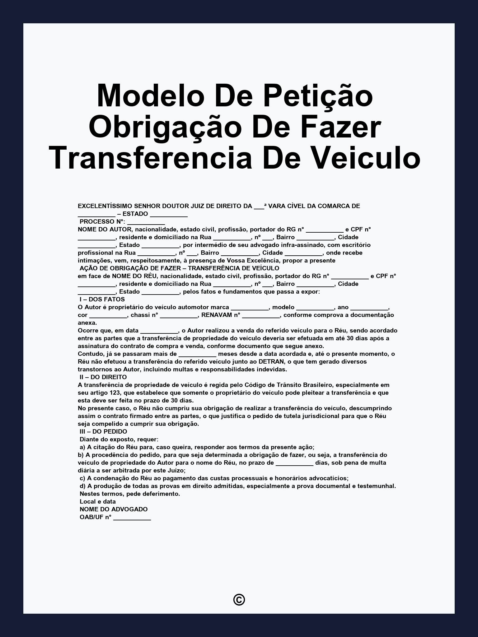 Modelo De Petição Obrigação De Fazer Transferencia De Veiculo