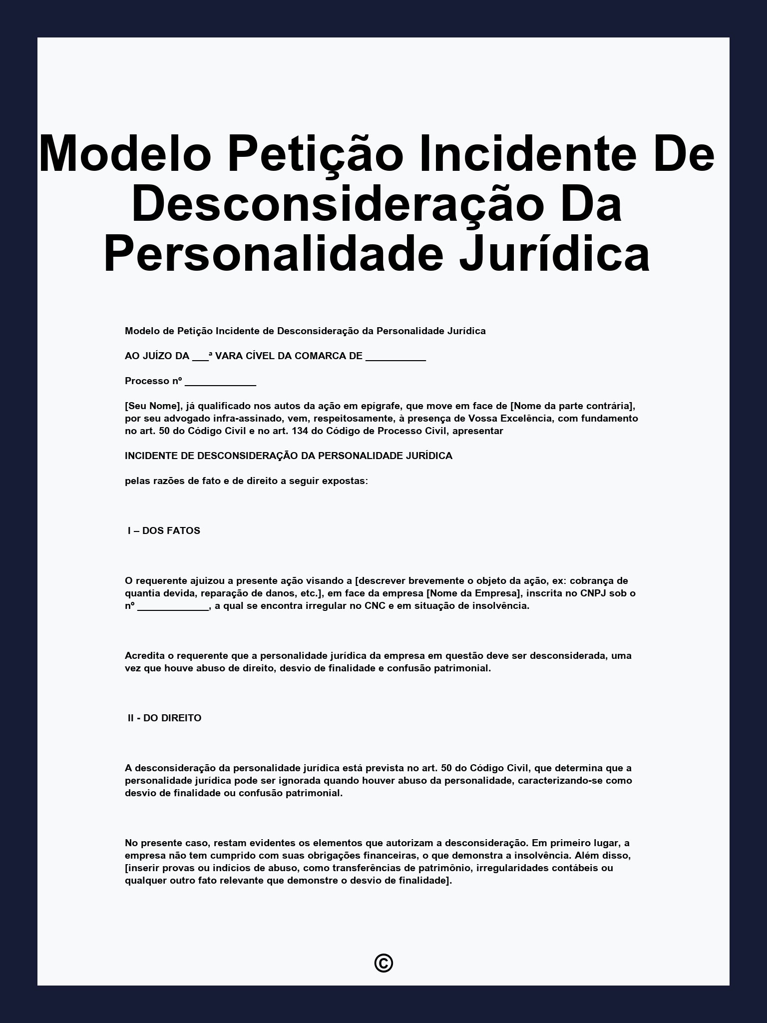 Modelo Petição Incidente De Desconsideração Da Personalidade Jurídica