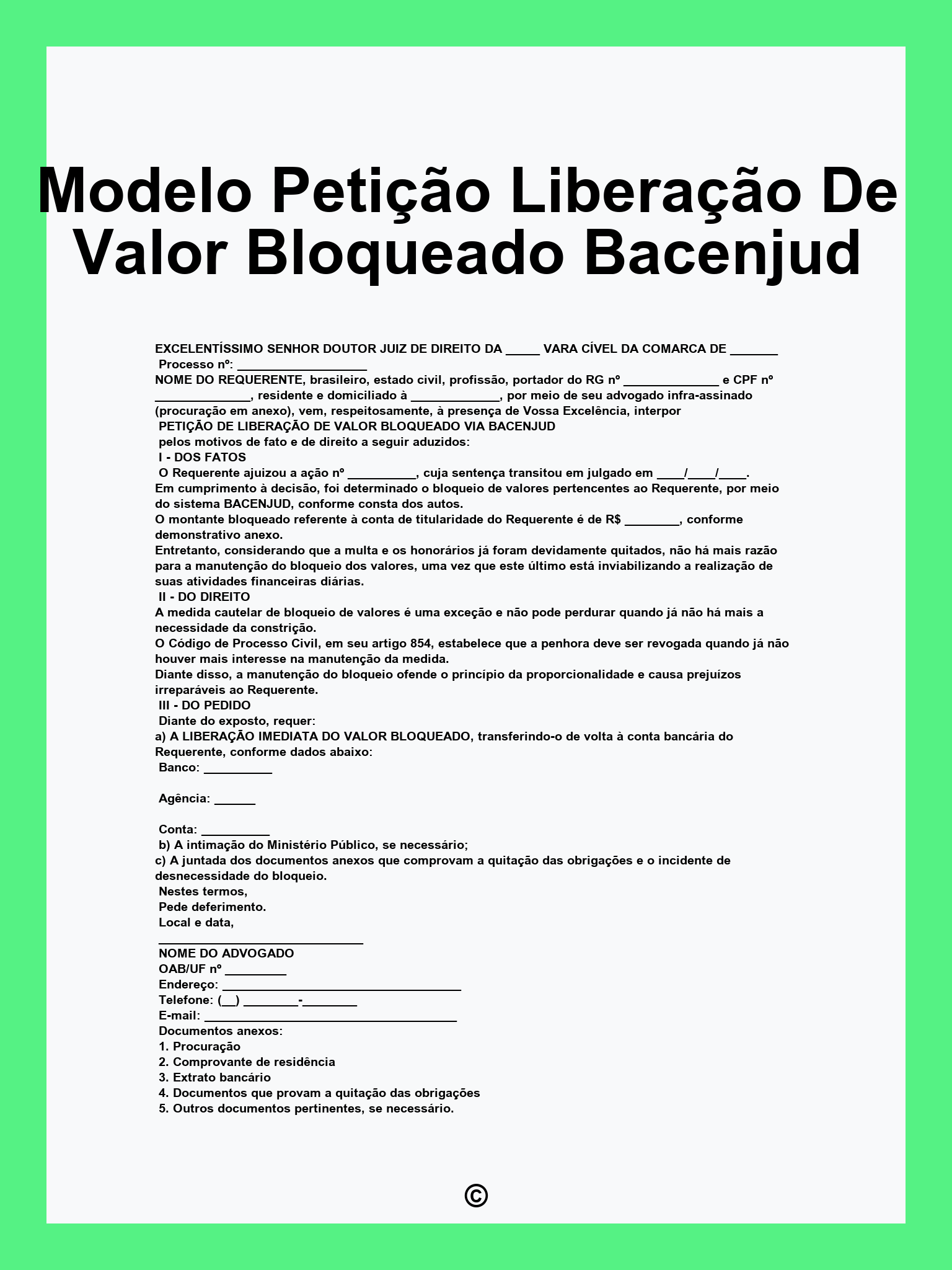 Modelo Petição Liberação De Valor Bloqueado Bacenjud